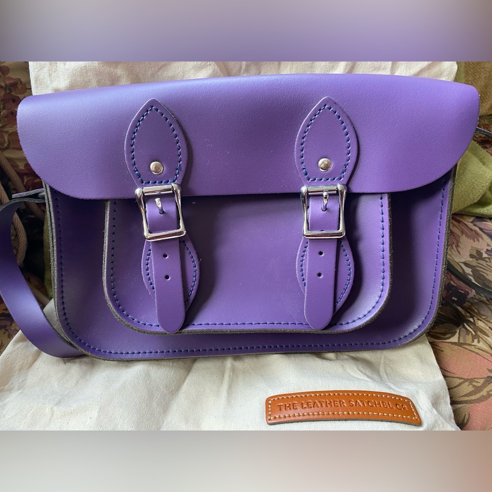 NEW The Leather Satchel Co Crossbody Purse purple Leather with Dust Bag